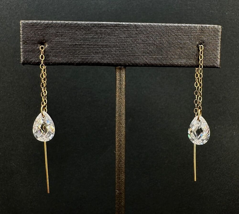 14K Gold CZ Threader Earrings Dangle Drop Pear Shape Faceted Crystal Signed JCM